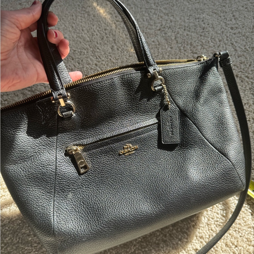 Coach Black Leather Crossbody Tote Bag with Gold Accents